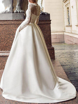 #ad Long Sleeves A Line Satin Wedding Gown Pockets Lace Appliques Boho Bride Dresses $144.60