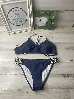 #ad #ad Cupshe Womens Blue Striped Strappy Two Piece Bikini Swimwear Suit Large NWT $15.99