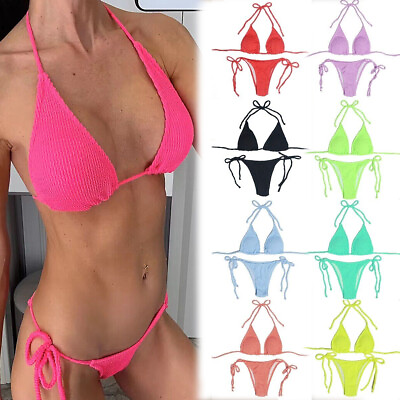 #ad Sexy Women#x27;s Swimsuit Set Bikini Side String Thong Swimwear Halter Bathing Suit $11.54
