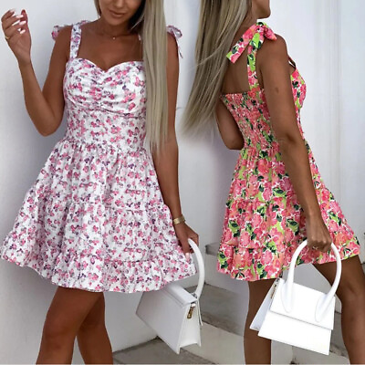 #ad #ad BOHO Womens Strappy Sun Dresses Ladies Summer Beach Mini Floral Dress Plus Size` $5.37