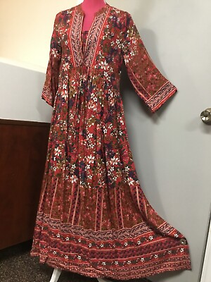 #ad JODIFL Small Red Floral Boho Maxi Dress Kimono Caftan Peasant Anthro 2 A124 $14.50