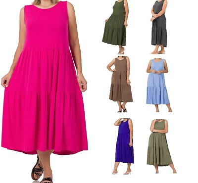 #ad Women#x27;s Plus Size Sleeveless Tiered Midi Dress 1X 2X 3X $17.98