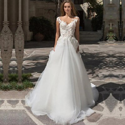 #ad #ad A Line Boho Bride Dress For BrideZipper Illusion Pleats Tulle O Neck WeddingGown $142.78