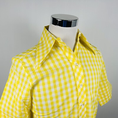 #ad Sears Size 14 Vintage Button Front Top Point Collar Yellow Plaid Poly Cotton $20.00