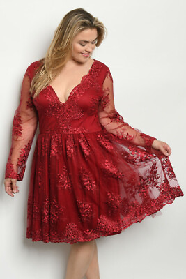 #ad Womens Plus Size Burgundy Lace Cocktail Dress 1XL Lined Embroidered Long Sleeve $39.95