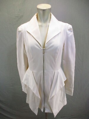 #ad BEBE Size M Womens White Full Zip Collared Peplum Skirt Long Fitted Jacket 740 $24.99