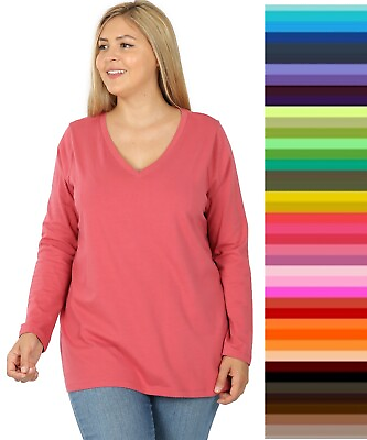 Plus Size Zenana V Neck TShirt Long Sleeve Cotton Spandex Top XL 1X 2X 3X $15.50