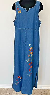 #ad Jamie Brooke Woman Denim Maxi Dress Floral amp; Butterfly Embroidery Boho Hippie XL $24.97