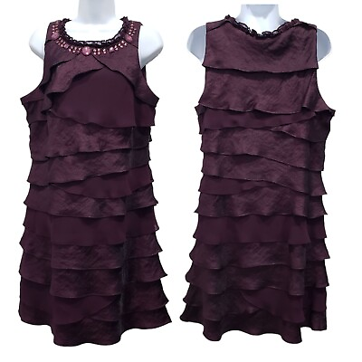 #ad S.L.Fashions Cocktail Party Dress Tiered Ruffles Beaded Neck Shimmer Plum SZ 14 $38.60