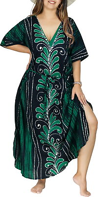 LA LEELA Plus size Batik Caftan Dress Maxi for Women Long Green D314 OSFM 14 18 $25.73