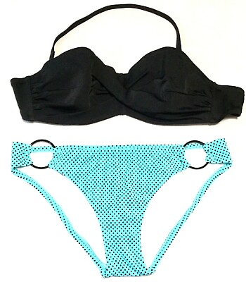 #ad NEW WOMEN#x27;S MEDIUM BLACK amp; BLUE SWIMSUIT Swim Top amp; Bottom Bikini Set $34.99
