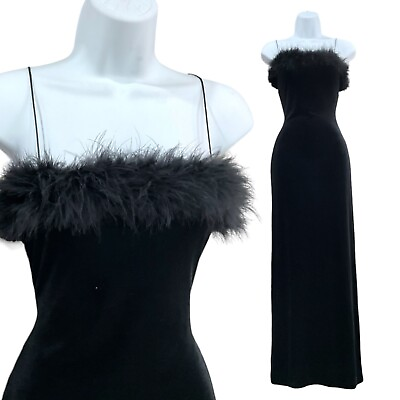 #ad Vintage 1990s Goth Glam Velour Marabou Trim Black Maxi Slip Prom Dress $54.00