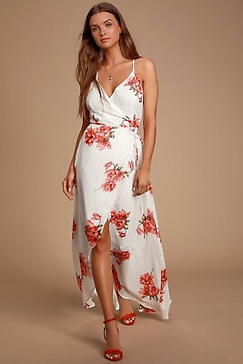 #ad Lulus Loiselle White Floral Print Wrap Maxi Dress Size SMALL *NWT* $32.00