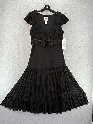 #ad Ramp;M Richards Cocktail Dress Size 16 Black Drop Waist Fit Flare Crinkle Bow NWTs $44.95
