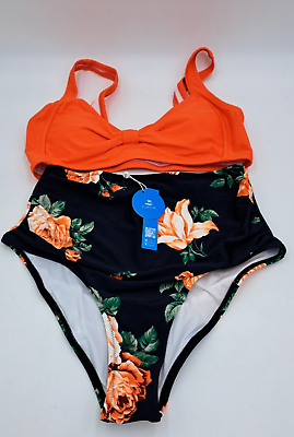CUPSHE Women#x27;s High Waist Bikini Swimsuit Knot Orange Black Floral Print M NWT $14.99