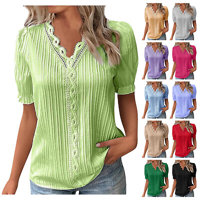 #ad #ad Women Summer V Neck Short Sleeve Pullover Shirt Ladies Solid Casual Tunic Blouse $3.89