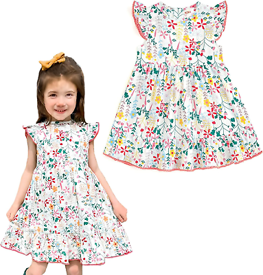#ad #ad Little Girls Summer Dress Floral Short Sleeve Cotton Casual Outfits Beach Dress $32.99