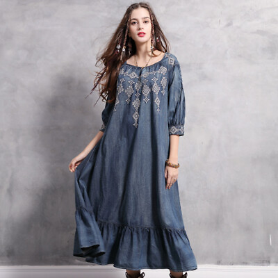 #ad New Women#x27;s Denim Dress Plus Size Embroidered Maxi Long Shirt Dresses A2126 $69.00