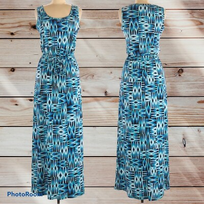 Calvin Klein Dress Adult Size 6 Maxi Geometric Blue Long Sleeveless Stretch $17.95