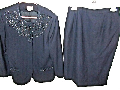#ad EUC Ladies elegant beaded 2 pc navy lined skirt suit by Emily size 10 $17.97