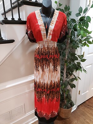 #ad Women#x27;s Multicolor Floral 100% Polyester Short Sleeve V Neck Long Maxi Dress XL $30.00