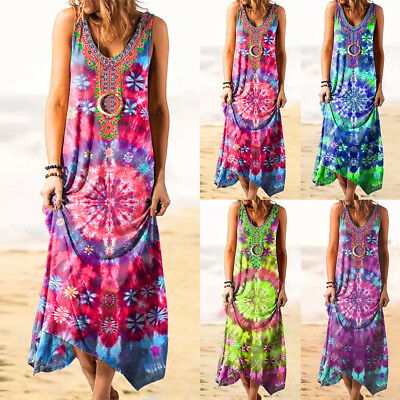 #ad Women Summer Boho Floral Sundress Kaftan Dress Sleeveless Baggy Maxi Long Dress $12.69