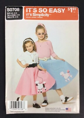 Simplicity S0708 Girls Poodle Skirt Size 3 14 Costume 50s Easy Sewing Pattern $12.99