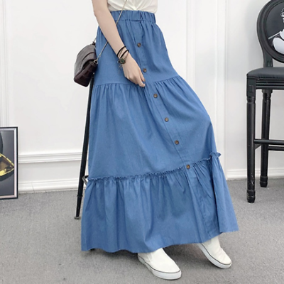 #ad Women Casual A line Denim Skirt Long Maxi Elastic Waist Boho Pleated Tiered $30.24