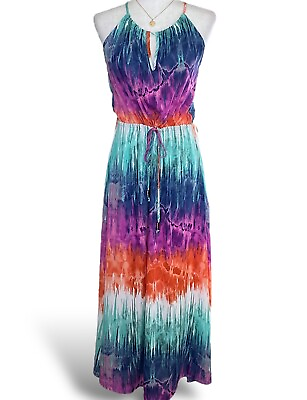 #ad Veronica M. Boho Maxi Long Beach Dress Sleeveless Halter Tie Keyhole Neck XS $39.99