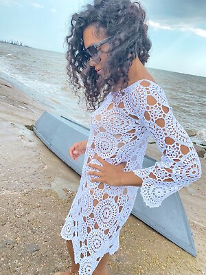 #ad Crochet white beach dress beach Cover Ups dress mini white cotton cover ups $179.00