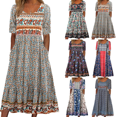 #ad #ad Printed Dress Maxi Long Dress A Line Sundress BOHO Dress Short Sleeve Casual GBP 17.52