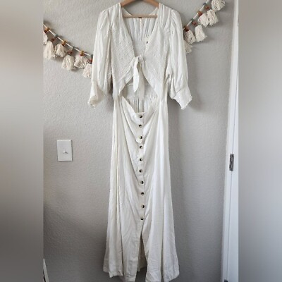 #ad Free People String Of Hearts Cut Out Tie Smocked Linen Maxi Dress White Beach XL $72.24