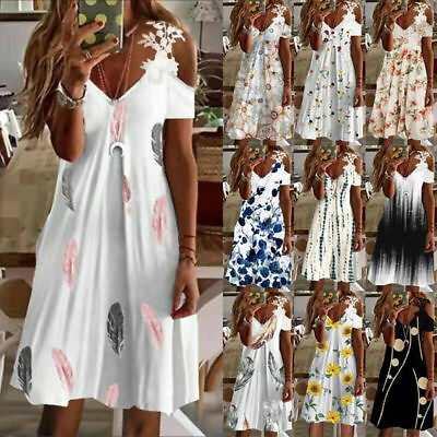 Floral Beach Dress Cold Shoulder Holiday Plus Dresses Ladies Size Swing Sundress GBP 11.50
