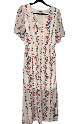 #ad Women’s Red Blue Floral Swiss Dot Chiffon Foil Maxi Dress 2x $38.00