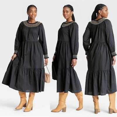 #ad Universal Thread Smocked Long Balloon Sleeve Black Maxi Dress XS Ruffles NWT $19.79