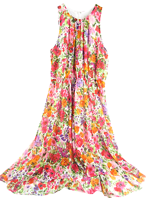 #ad CB Tea Sun Dress Women#x27;s 12 Sleeveless Chiffon Floral Colorful Pintuck GORGEOUS $29.95