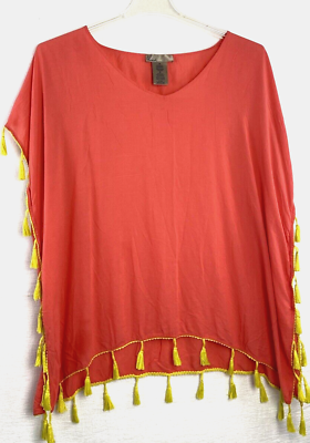 #ad Camp;T Beach Coral Beach Cover up Medium Tassel Accent Rayon Oversized Lightweight $11.13