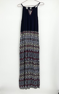 #ad Skies Are Blue Patterned Maxi Dress Keyhole Tie Neck Size Large L $19.99