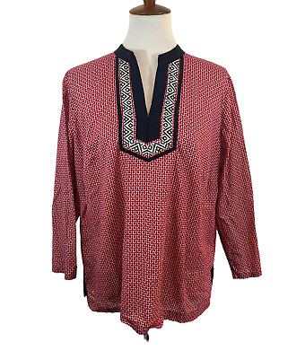 #ad Talbots Red Geometric Popover Blouse Long Sleeve Top Size Plus Petite 1XP $15.40