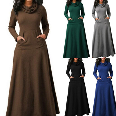 Womens Casual Pocket Maxi Dress Ladies Long Sleeve High Neck Pullover Dresses☌ $18.49