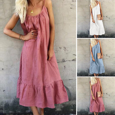 Women Oversize Sundress Pleated Midi Dress Plus Summer Strappy Long Shirt Dress $24.69