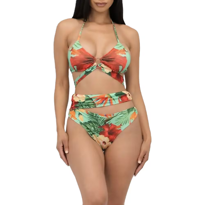 #ad #ad Green Floral Two Piece Bikini Set for Summer Bikini Sets For Women $21.99