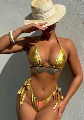 #ad Latest fashion 2 piece gold metallic halter triangle bikini swimwear uk size 8 GBP 15.00