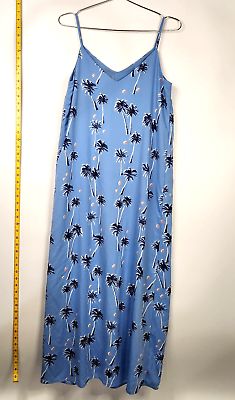 #ad Remarks Size M Long Beach Dress Blue Palm Tree Spaghetti Straps Lined Front Slit $7.50