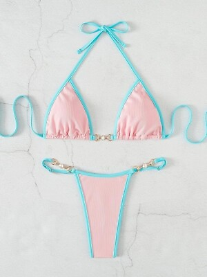#ad Bikini 2 Piece Size L Halter Neck Swimsuit Rib Knit Thong Bottom Triangle Top GBP 18.99