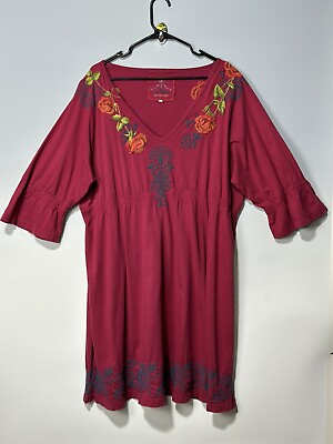 #ad Johnny Was Beautiful Heavily Embroidered Kaftan Boho Dress 2XL Red 100% Cotton $124.99