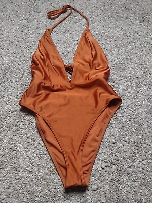 #ad Women#x27;s One Piece Cut Out Swimsuit XS Brown Shiney Swim Swimwear OO $9.58