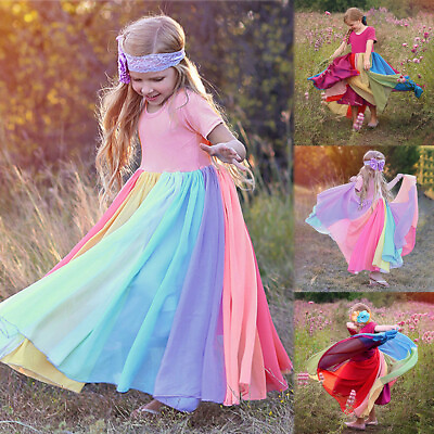 #ad Kids Girls Rainbow Splice Princess Pageant Gown Wedding Birthday Party Dresses $17.99