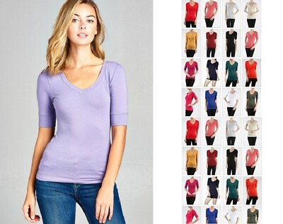 #ad #ad Women Basic V NECK Elbow SHORT Sleeve T Shirt Top Cotton Stretch REG N PLUS S 3X $11.99