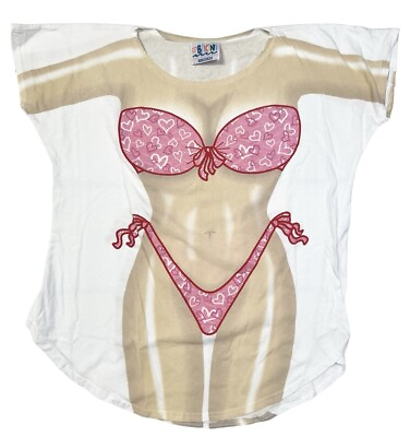 #ad Vintage 90s My Bikini Cover Up T Shirt LA Imprints One Size Pink Glitter Hearts $22.95